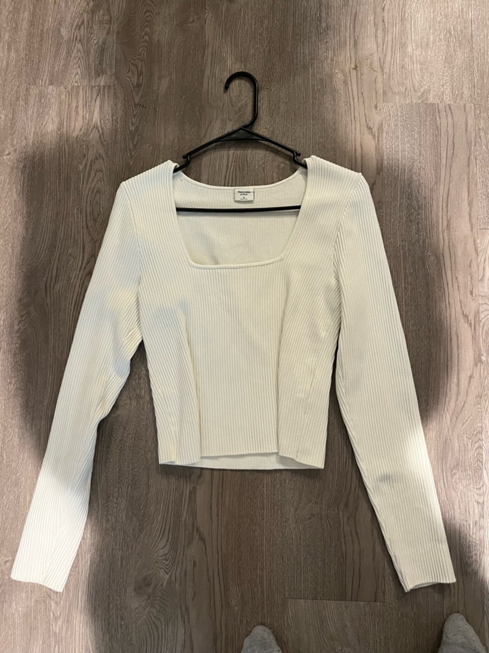 Abercrombie & Fitch Cream Ribbed Square-Neck Long Sleeve Top